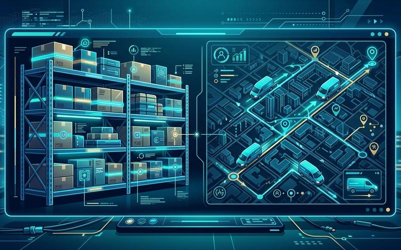 A modern digital illustration showing integrated inventory tracking and last-mile route dispatch for GCC 3PL logistics.