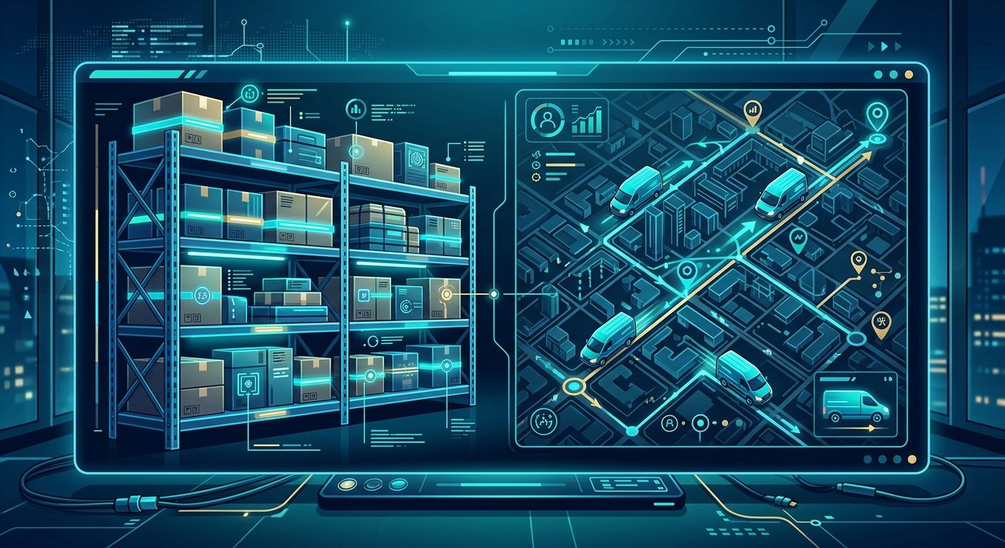A modern digital illustration showing integrated inventory tracking and last-mile route dispatch for GCC 3PL logistics.