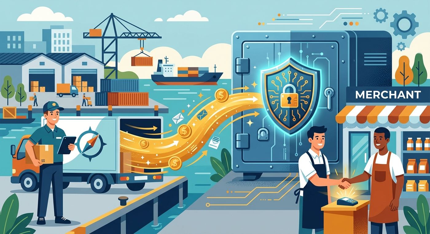 رسوم توضيحية مسطحة تمثل الإدارة الآمنة لعمليات الدفع عند الاستلام وسرعة تحويل مستحقات التجار في قطاع الخدمات اللوجستية.