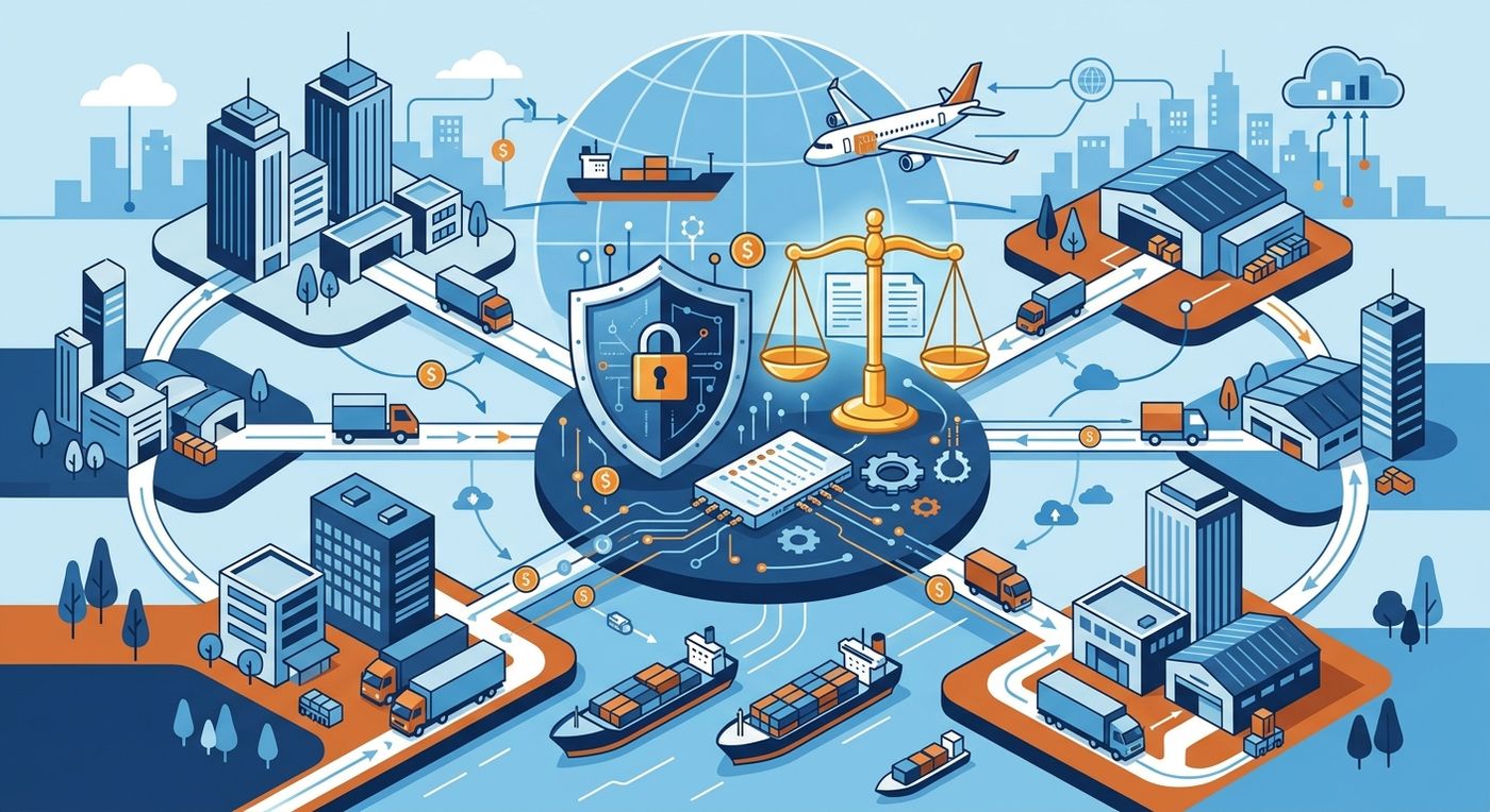A conceptual flat vector illustration showing secure, automated financial settlements and cash balancing across regional logistics hubs.