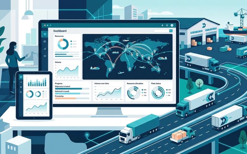 An abstract vector illustration of a modern logistics and shipping ERP dashboard showcasing delivery routes, package tracking, and financial analytics.