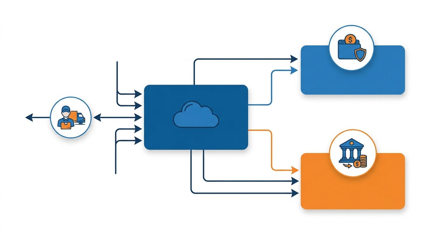 Technical flowchart diagram illustrating a unified Cash on Delivery (COD) reconciliation workflow, connecting delivery status directly to ERP ledger and merchant wallets.