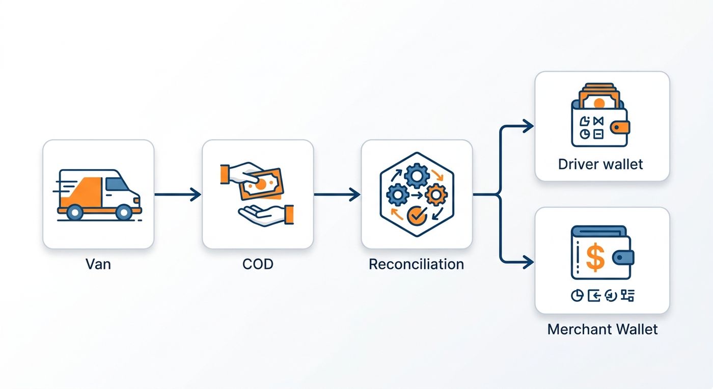 A technical diagram illustrating the automated COD reconciliation and driver commission payout workflow in Shiprex ERP.