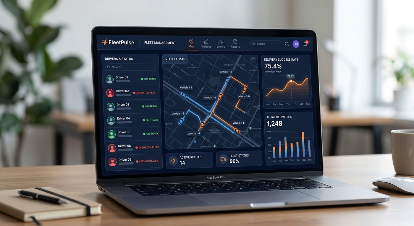 Sleek SaaS dashboard mockup of Shiprex ERP showing real-time courier route tracking, driver status, and delivery analytics.