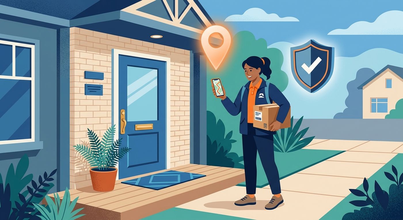 Illustration of a delivery driver at a doorstep with a GPS pin and security shield, symbolizing secure delivery verification.