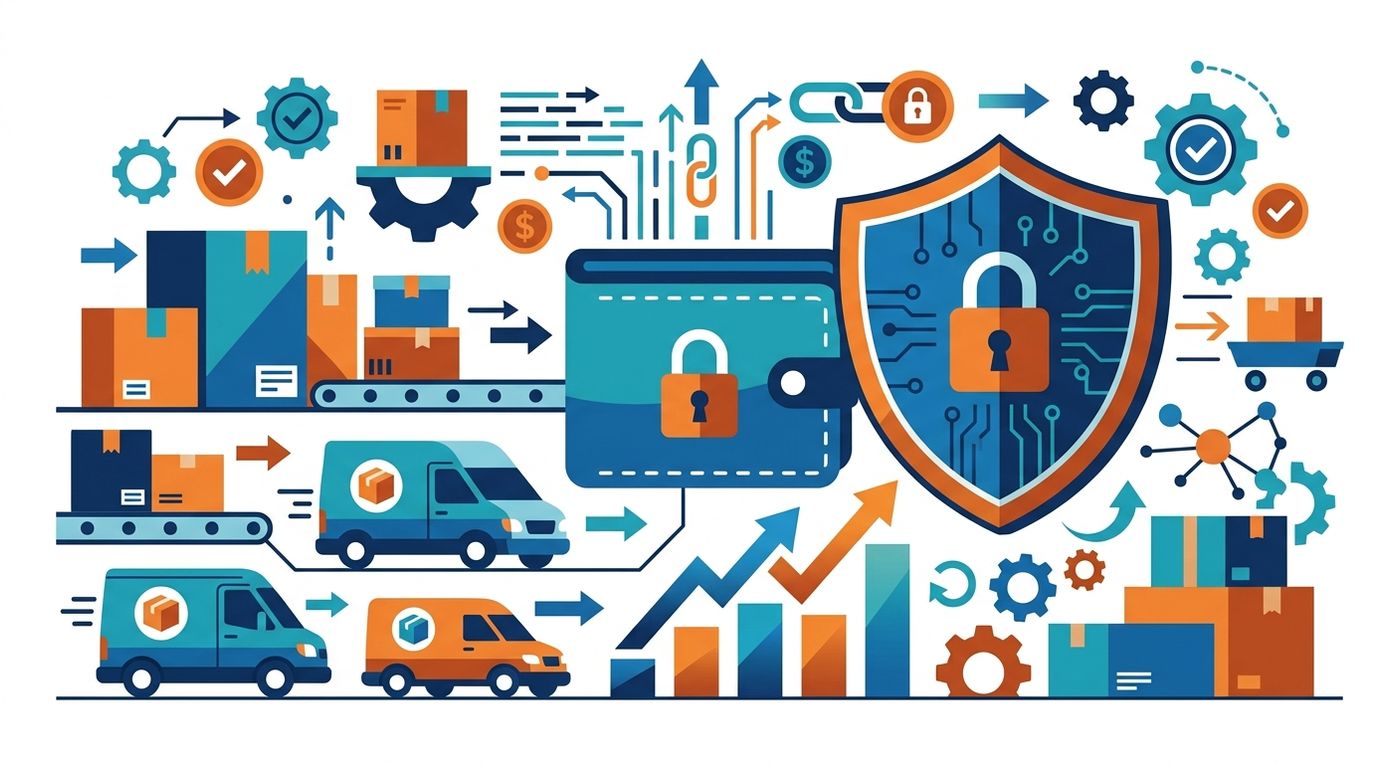 Editorial illustration of a secure prepaid digital wallet protecting 3PL cash flow and managing credit limits.