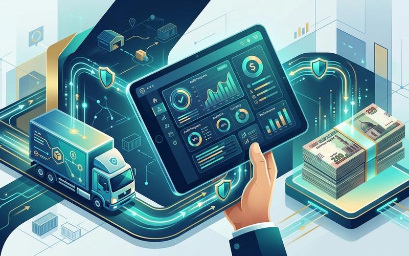 A conceptual illustration showing secure digital COD cash reconciliation and driver audit tracking for logistics companies.
