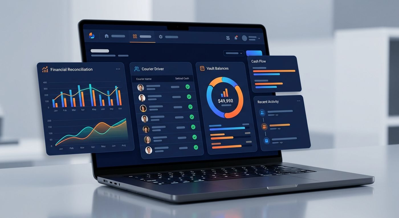 عرض لوحة تحكم نظام Shiprex لتسوية المبالغ النقدية للسائقين على شاشة كمبيوتر محمول، تعرض مؤشرات تسوية النقدية وحالة خزينة الفرع.