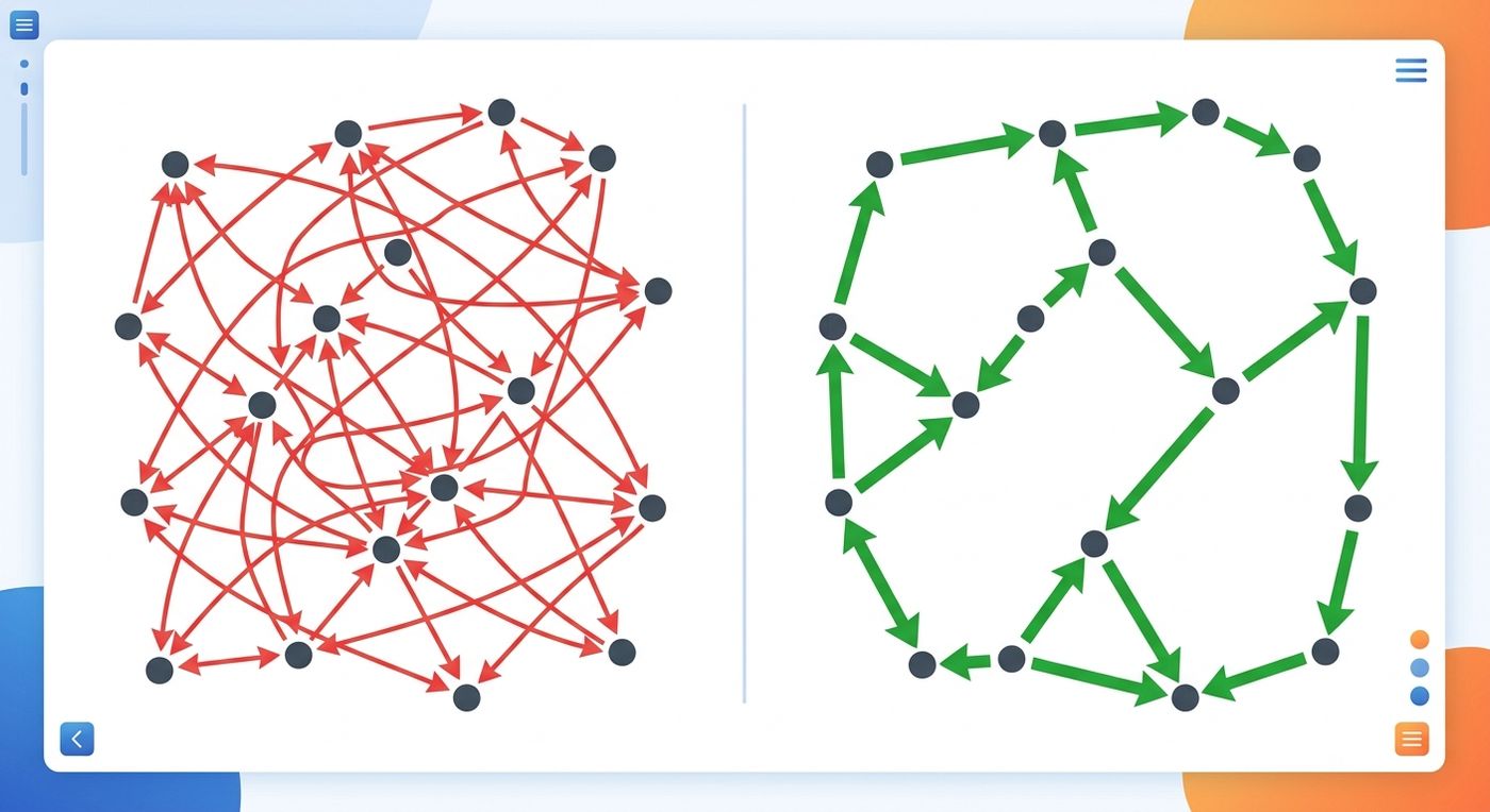 A technical diagram comparing chaotic manual routing with backtracking against clean, optimized sequential routing that minimizes travel distance.