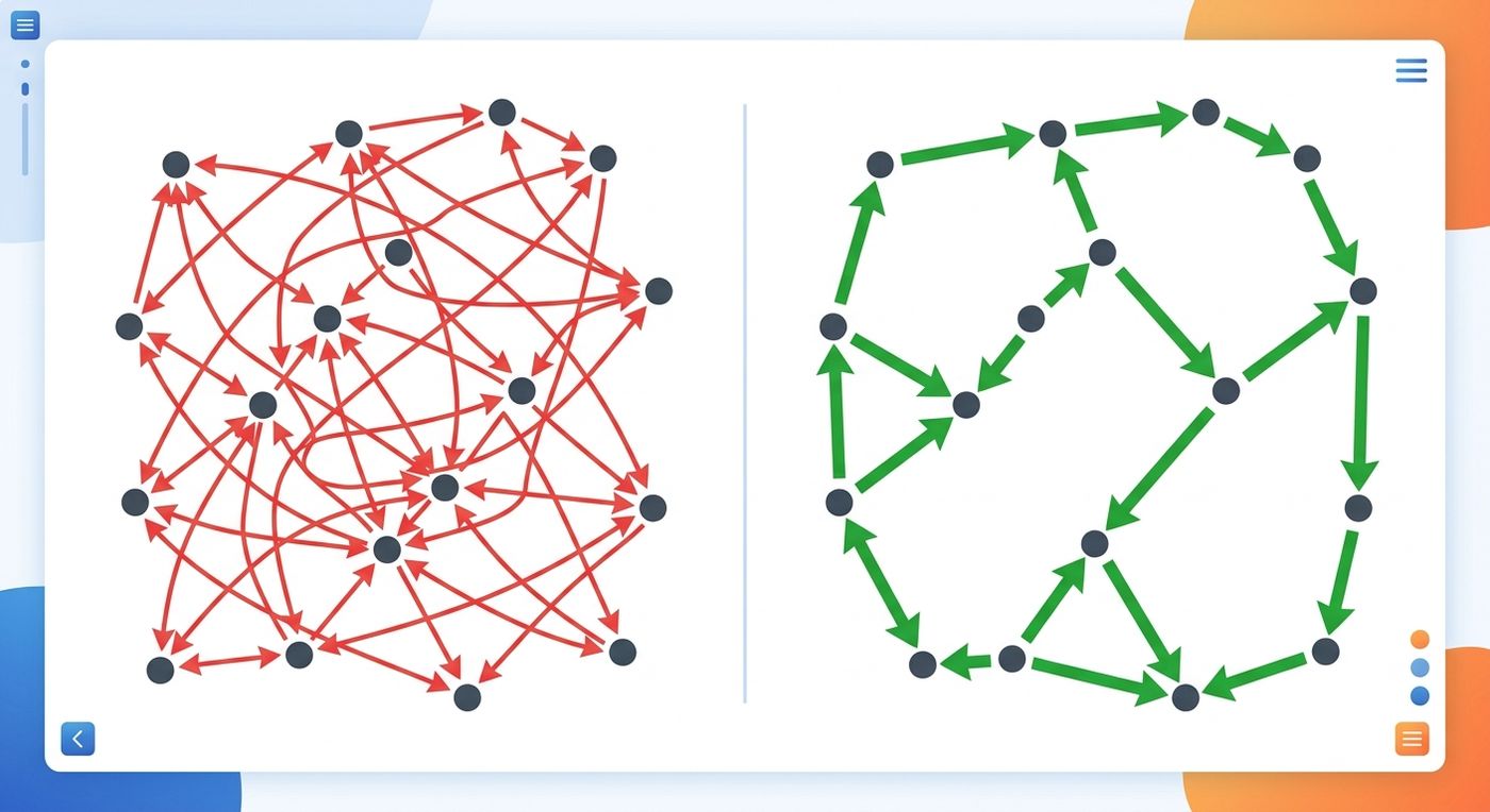A technical diagram comparing chaotic manual routing with backtracking against clean, optimized sequential routing that minimizes travel distance.
