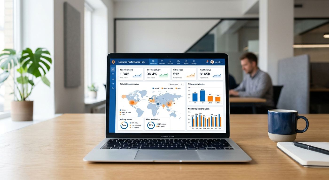 A sleek laptop showing the Shiprex logistics ERP dashboard with analytics for tracking shipping costs and notification expenses.