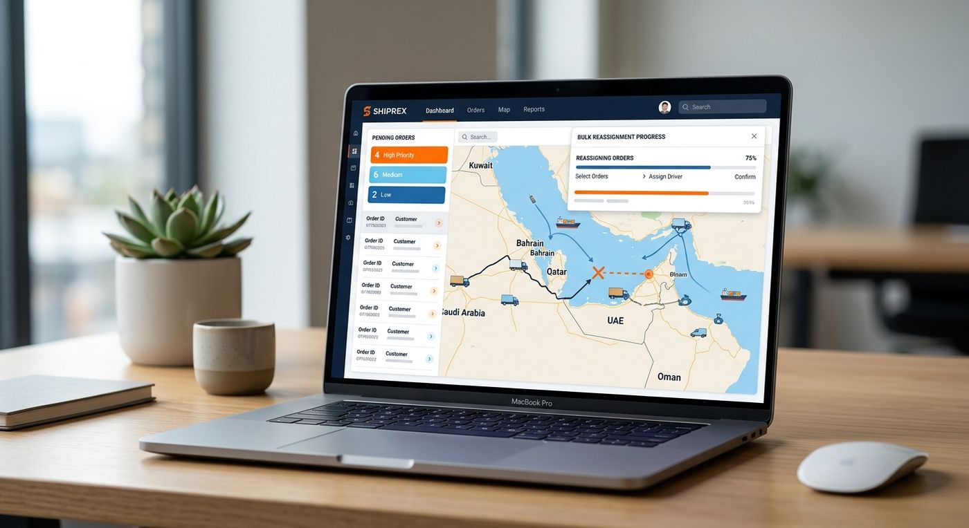 عرض تقديمي للوحة تحكم Shiprex SaaS على جهاز كمبيوتر محمول، تعرض تتبع الشحنات الفوري، وتنبيهات مخاطر اتفاقية مستوى الخدمة SLA، وميزات إعادة التعيين الجماعي للشحنات.