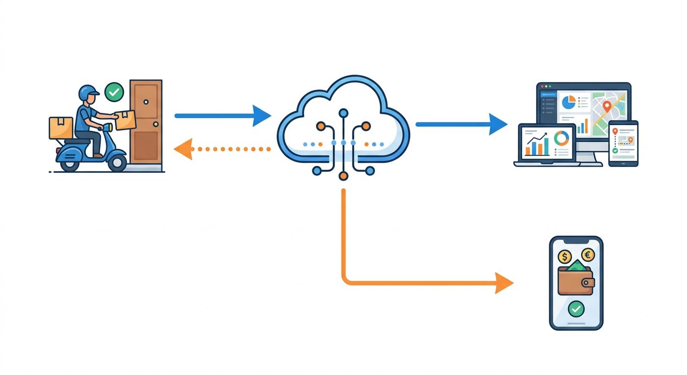 A technical flowchart diagram illustrating the automated real-time tracking and COD wallet reconciliation process in Shiprex.