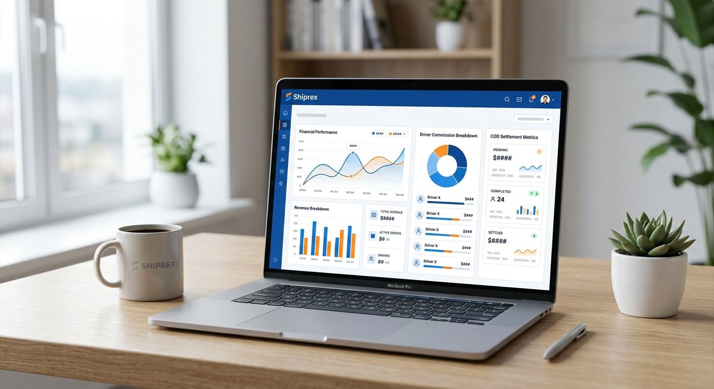 Shiprex SaaS dashboard mockup on a laptop showing driver commissions and COD settlement analytics.