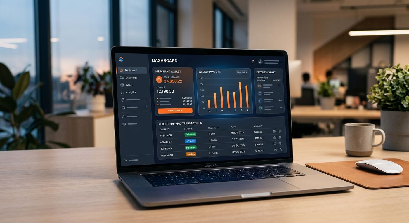 لوحة تحكم بوابة التجار من شبركس تعرض أرصدة المحفظة المالية، تتبع الدفع عند الاستلام، وتقارير المدفوعات التلقائية على شاشة محمول.