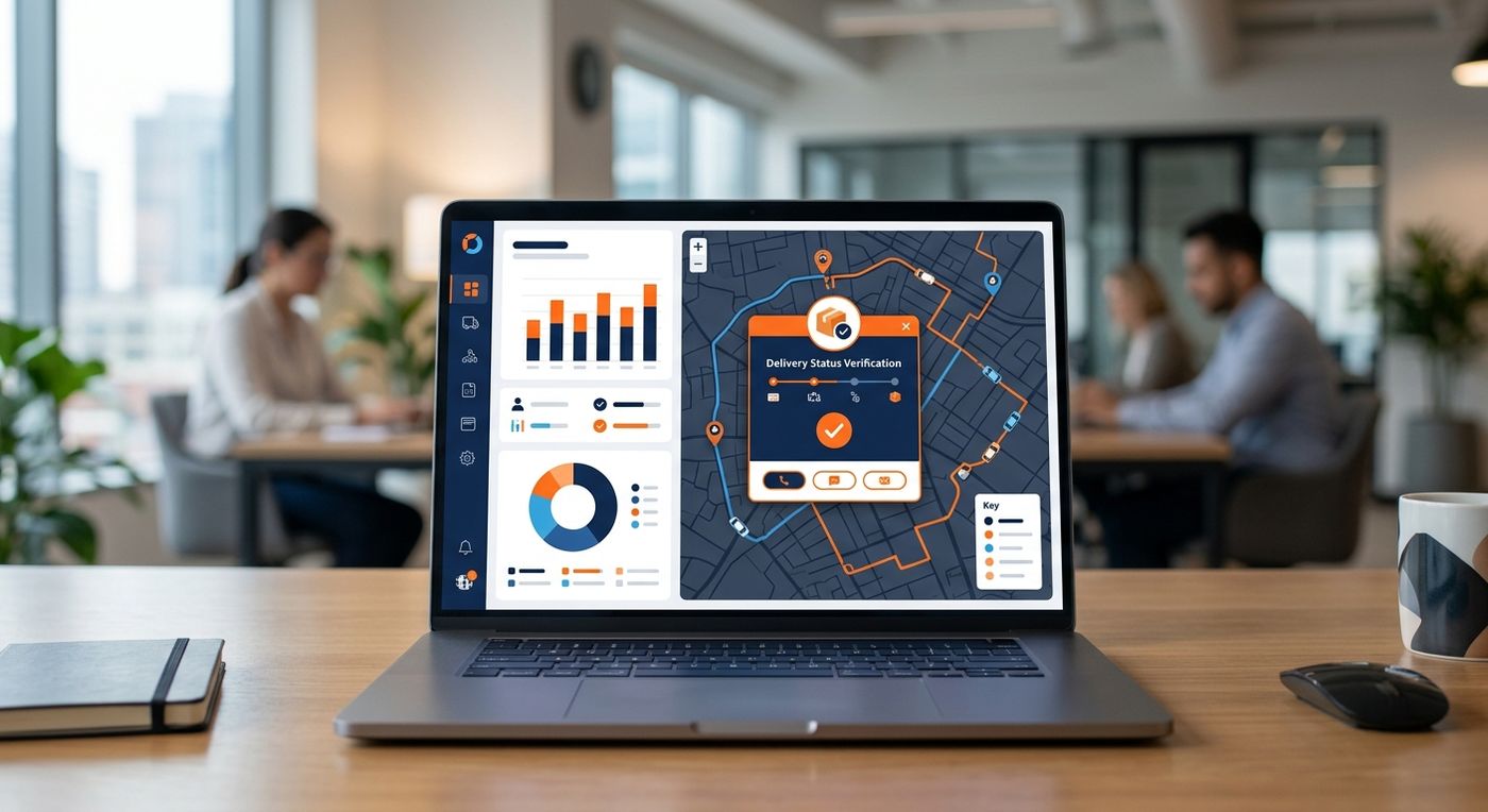 Shiprex SaaS dashboard on a laptop showing real-time delivery driver tracking and GPS verification alerts.