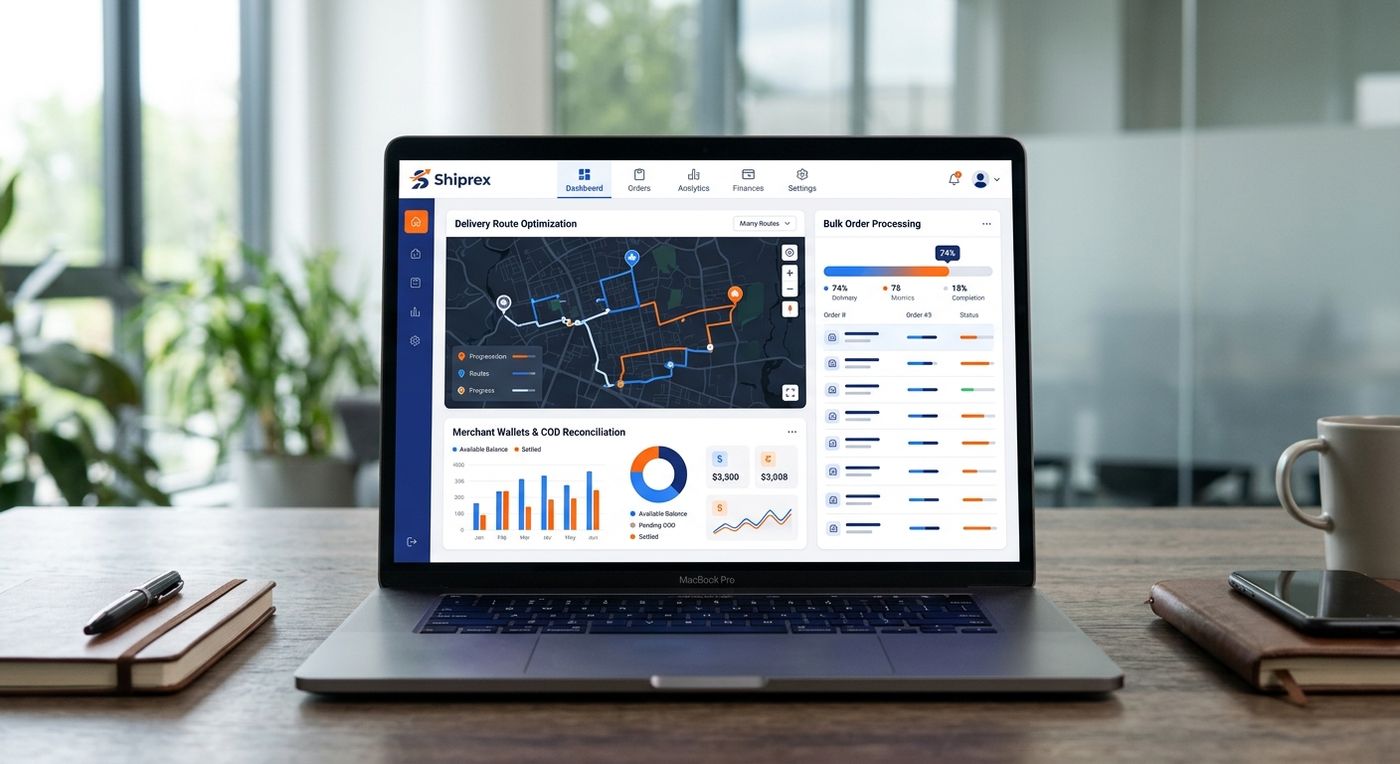 كمبيوتر محمول يعرض لوحة تحكم نظام Shiprex لإدارة العمليات اللوجستية، يظهر تحسين المسارات والعمليات الجماعية.