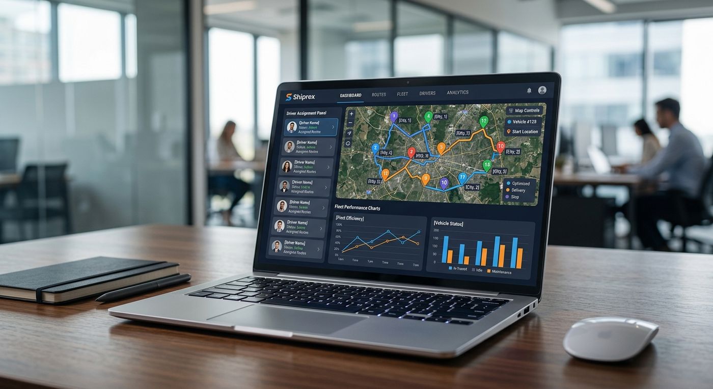 Shiprex SaaS dashboard showing automated last-mile route planning and driver dispatching.