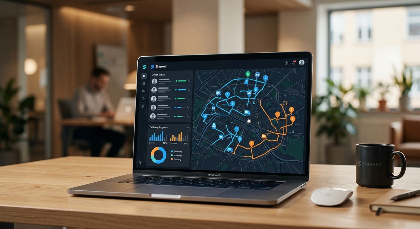 A sleek laptop showing the Shiprex automated dispatch dashboard with optimized delivery routes on a digital map.