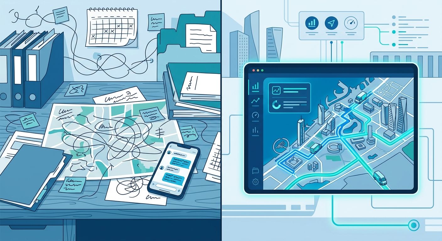 An editorial vector illustration comparing chaotic manual dispatch with organized automated route optimization on a digital dashboard.