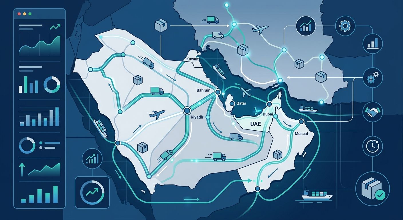 An abstract, professional B2B editorial illustration showing efficient logistics routing and operational dashboards over a map of the GCC region, representing modern shipping ERP software.
