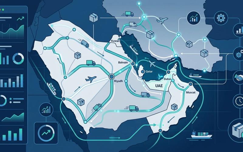 An abstract, professional B2B editorial illustration showing efficient logistics routing and operational dashboards over a map of the GCC region, representing modern shipping ERP software.