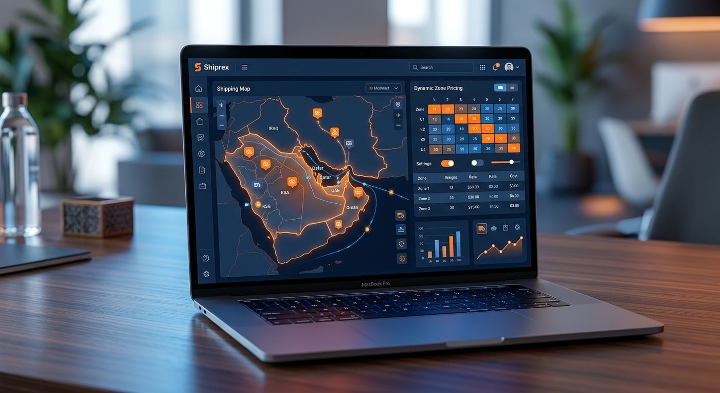 كمبيوتر محمول يعرض لوحة تحكم نظام Shiprex لإدارة موارد المؤسسات، تظهر خريطة تفاعلية لمناطق الشرق الأوسط وشمال إفريقيا ومصفوفة تسعير متعددة الطبقات باللونين الأزرق والبرتقالي.