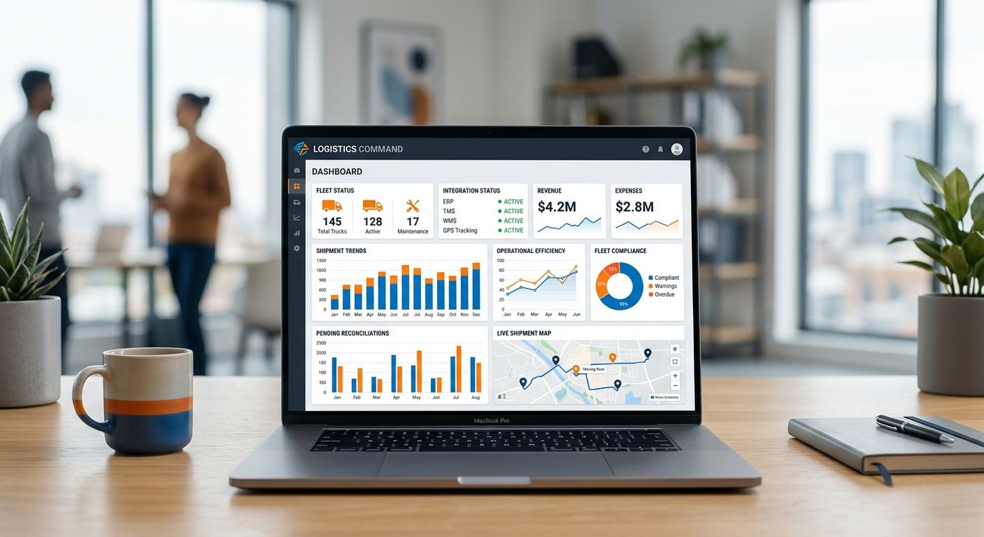 Shiprex SaaS dashboard mockup on a laptop showing fleet compliance tracking and real-time WASL integration status.