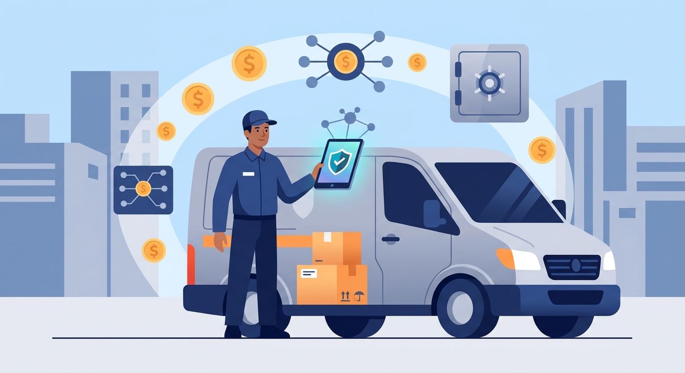 An editorial vector illustration depicting secure and automated courier cash settlement, representing zero cash leakage and efficient logistics financial management.