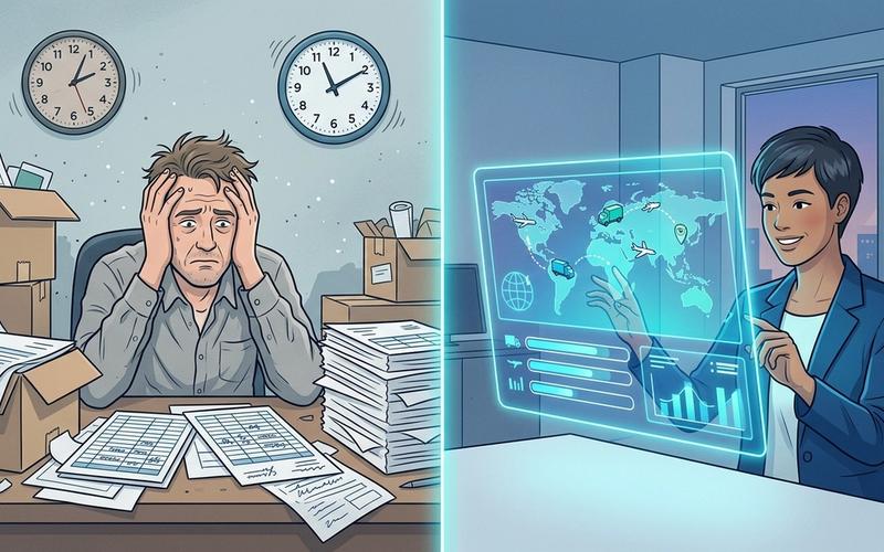 An editorial illustration showing the contrast between a frustrated merchant managing manual spreadsheets and a sleek holographic screen representing real-time automated shipping tracking.
