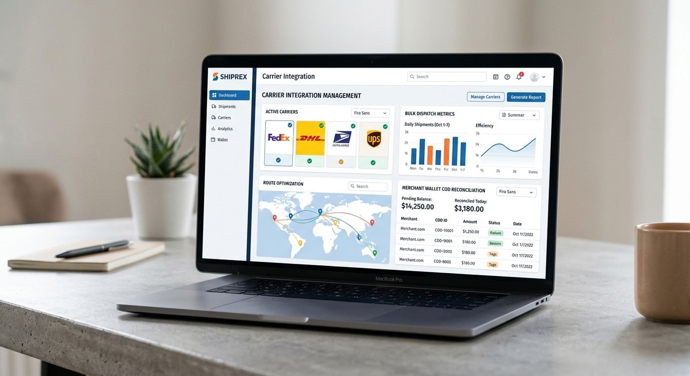 A professional laptop mockup displaying the Shiprex shipping ERP dashboard interface for managing carrier integrations and routing.