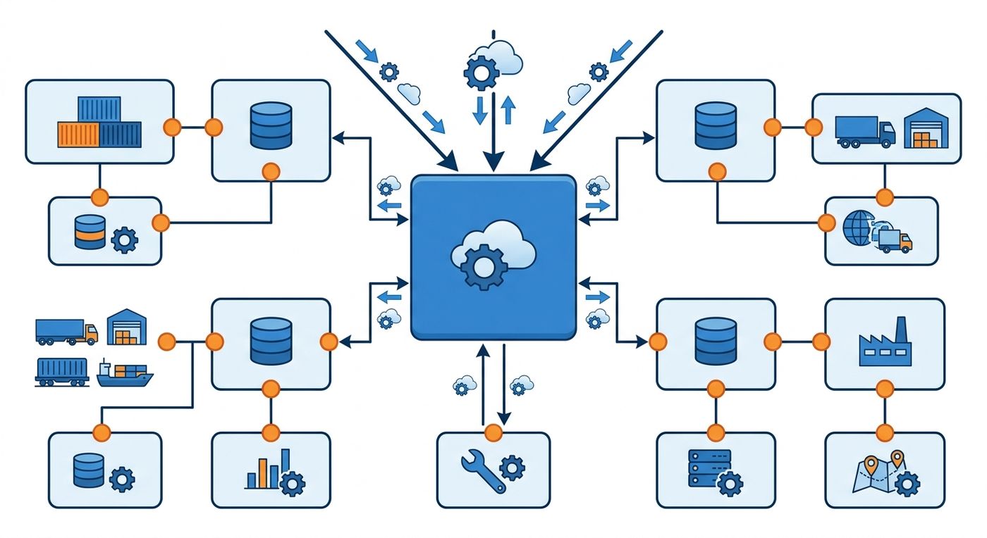 A technical diagram illustrating Shiprex's multi-tenant SaaS architecture, showing a central core platform distributing updates to isolated, sandboxed regional branches with custom API connections.