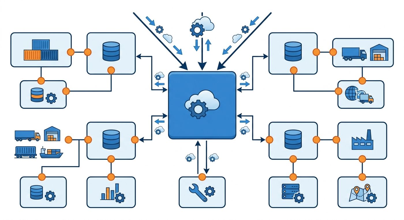 A technical diagram illustrating Shiprex's multi-tenant SaaS architecture, showing a central core platform distributing updates to isolated, sandboxed regional branches with custom API connections.