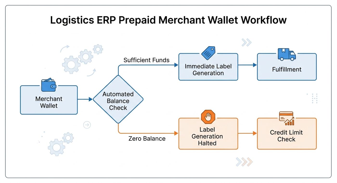 A technical flowchart diagram illustrating the automated prepaid merchant wallet validation workflow in Shiprex ERP.