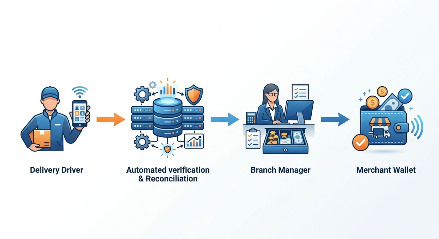 مخطط انسيابي يوضح عملية تسوية المبالغ النقدية عند الاستلام المؤتمتة وتسوية مدفوعات التجار في نظام ERP للخدمات اللوجستية.