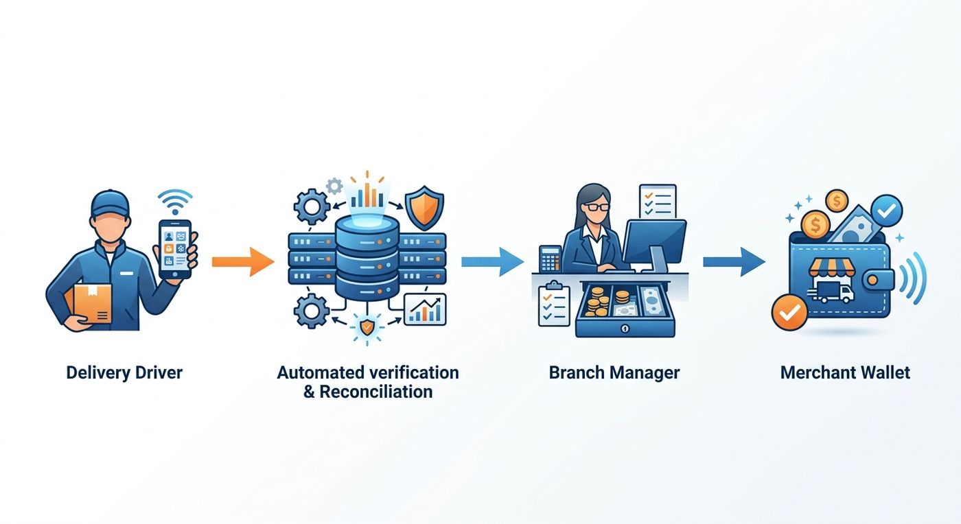 مخطط انسيابي يوضح عملية تسوية المبالغ النقدية عند الاستلام المؤتمتة وتسوية مدفوعات التجار في نظام ERP للخدمات اللوجستية.