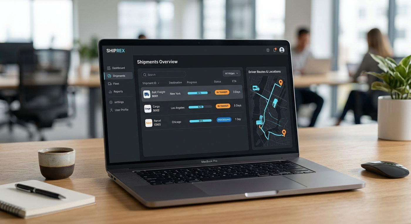 A professional showcase of a logistics ERP dashboard on a laptop, displaying bulk operations, order tracking, and route optimization.