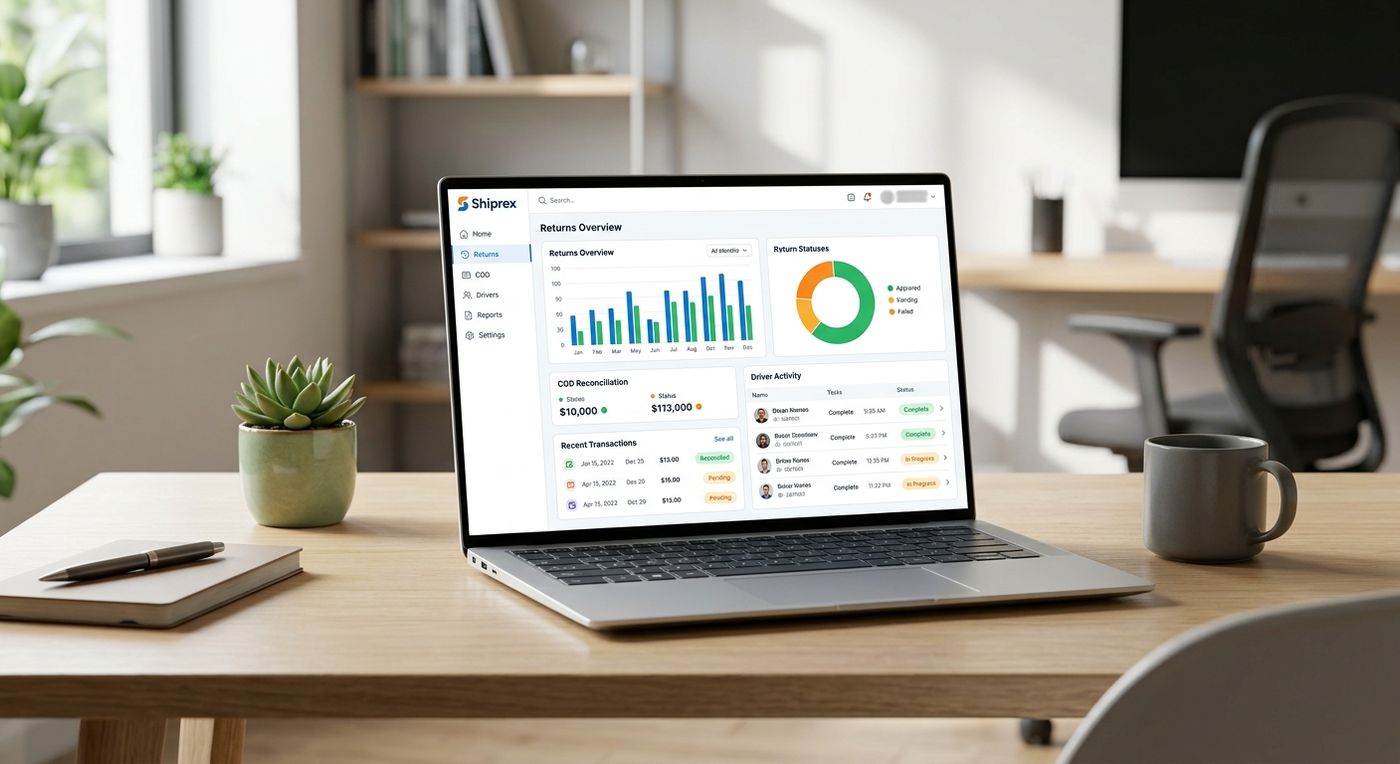 A professional SaaS dashboard mockup on a laptop displaying returns and COD reconciliation management features.