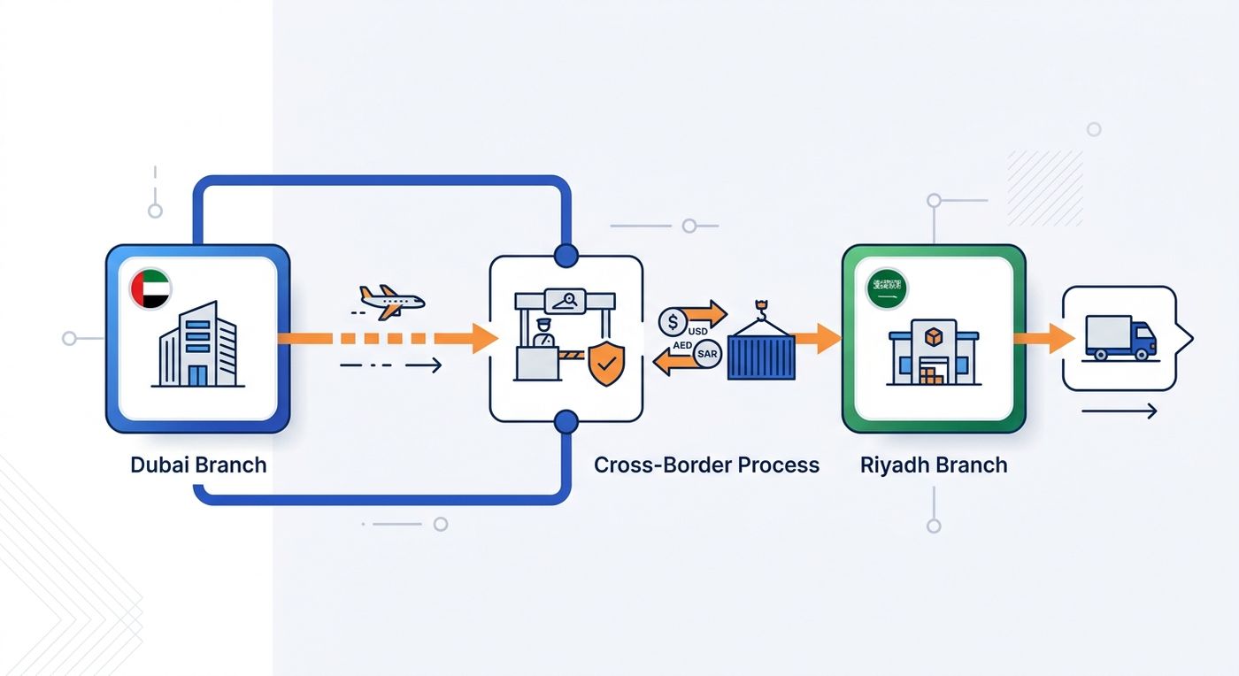 A technical diagram showing the cross-border logistics workflow between Dubai and Riyadh branches in a multi-branch shipping system.