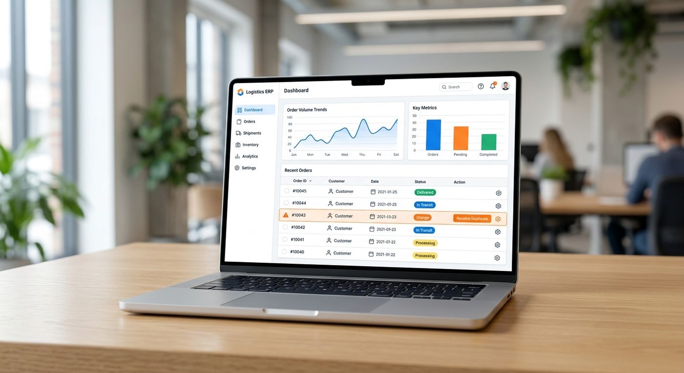 Sleek SaaS product showcase of the Shiprex logistics ERP dashboard on a laptop screen, highlighting order synchronization and duplicate flags.
