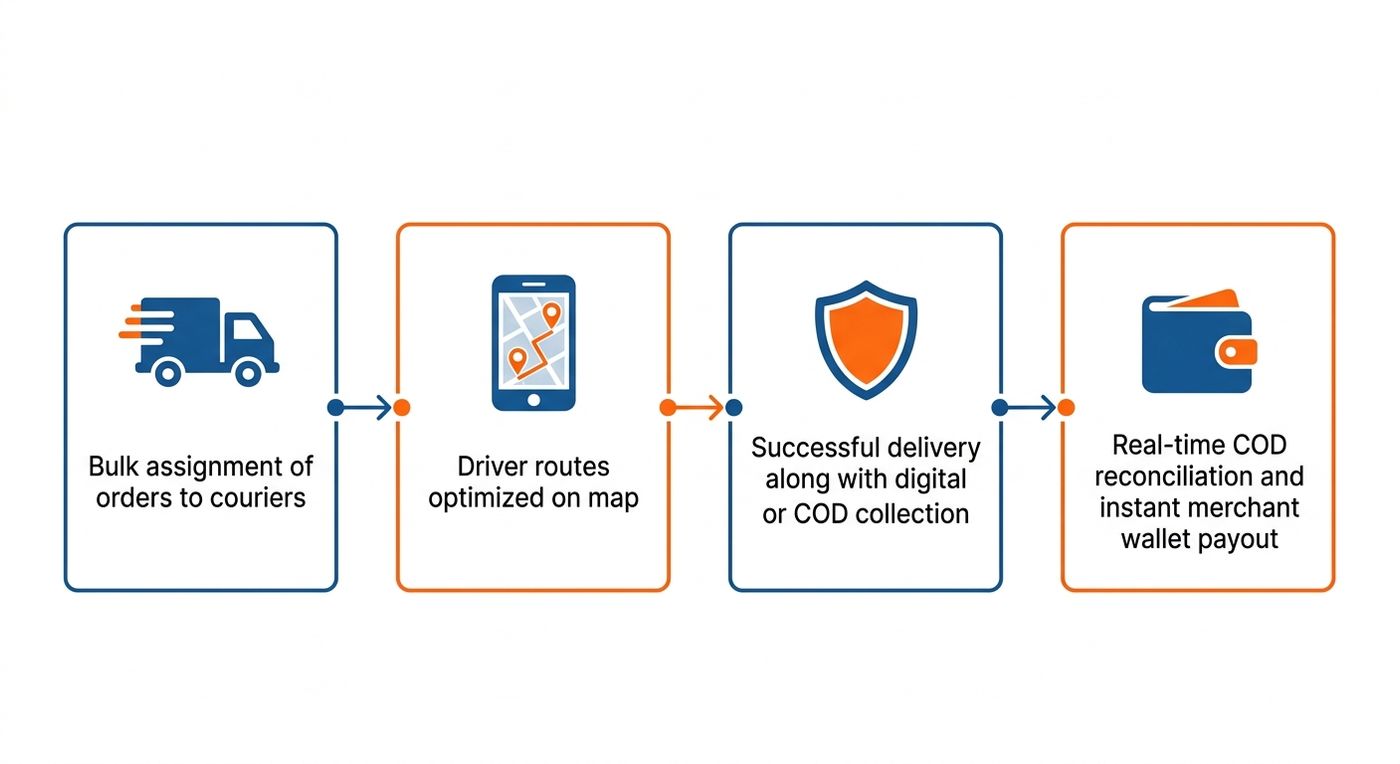 Technical diagram illustrating the step-by-step workflow of last-mile delivery, digital proof of delivery, and instant COD reconciliation in a logistics ERP.