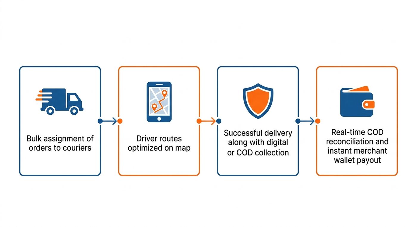 Technical diagram illustrating the step-by-step workflow of last-mile delivery, digital proof of delivery, and instant COD reconciliation in a logistics ERP.