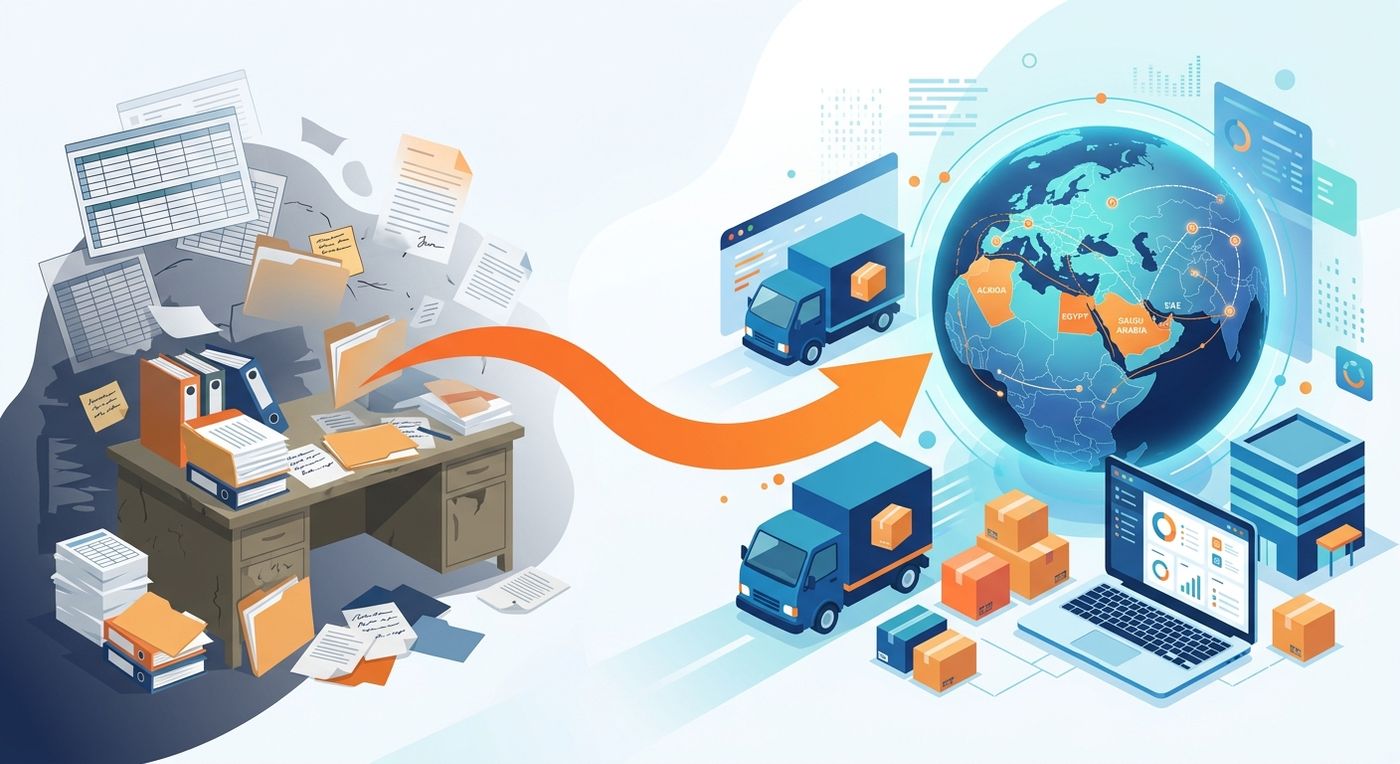 Flat vector illustration of a 3PL company migrating from legacy spreadsheets to an integrated shipping and delivery management system.