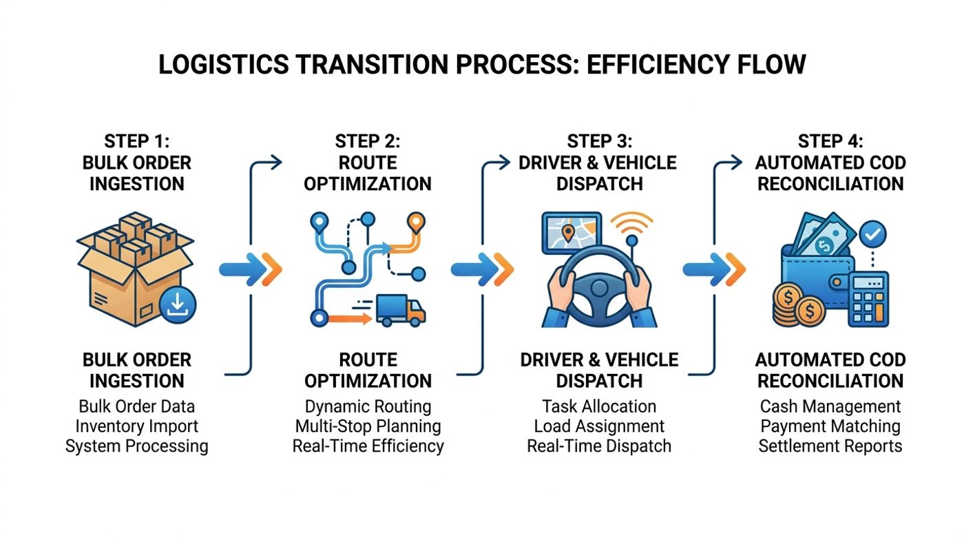 A technical flowchart diagram illustrating the step-by-step transition from manual dispatch to an automated delivery management system in the UAE.