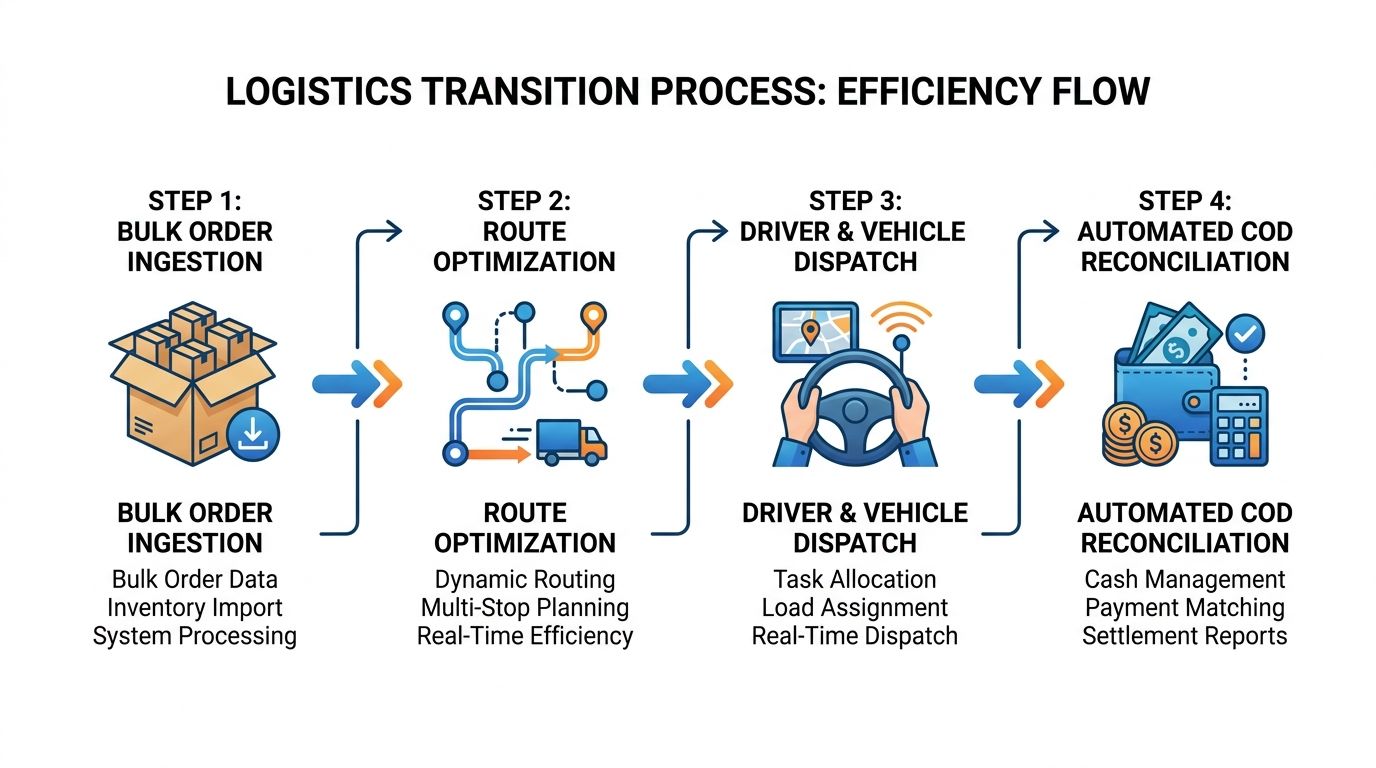A technical flowchart diagram illustrating the step-by-step transition from manual dispatch to an automated delivery management system in the UAE.
