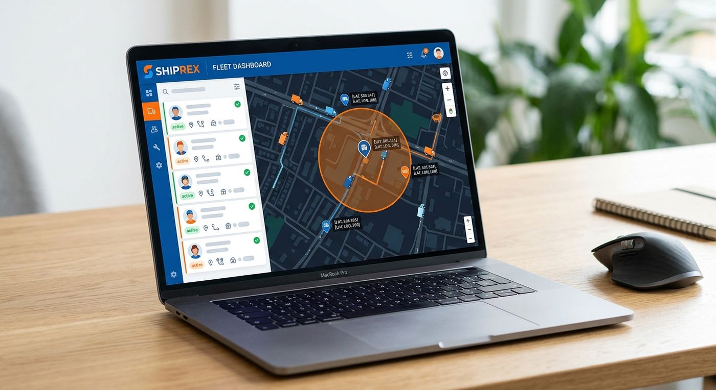 Shiprex SaaS dashboard on a laptop screen showing real-time courier GPS tracking, geofencing, and delivery status verification.