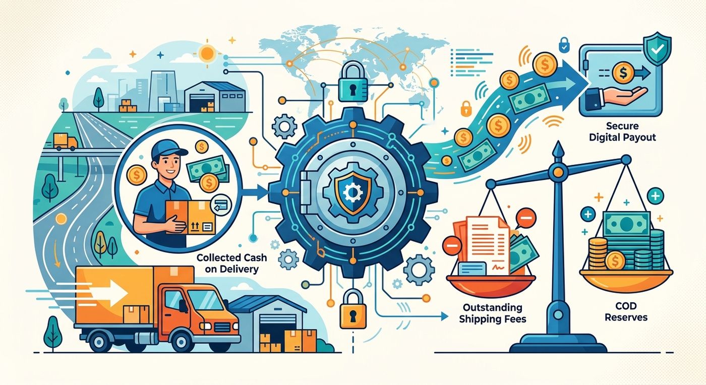 Flat vector illustration depicting the automated reconciliation of Cash on Delivery collections offsetting outstanding shipping fees to protect 3PL cash flow.