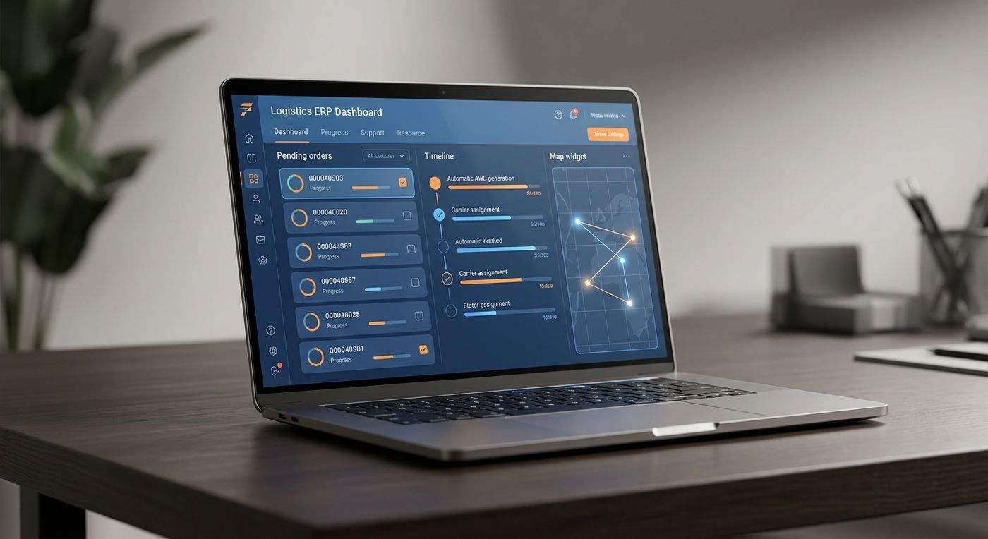A sleek laptop displaying the Shiprex bulk operations and AWB generation dashboard, featuring a modern blue and orange SaaS interface.