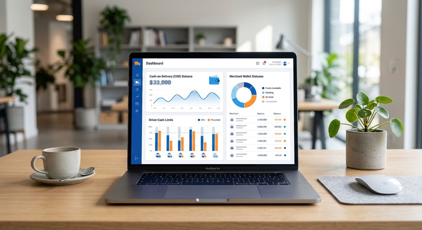 A modern SaaS dashboard mockup on a laptop displaying COD reconciliation metrics and merchant wallet statuses for a logistics company.