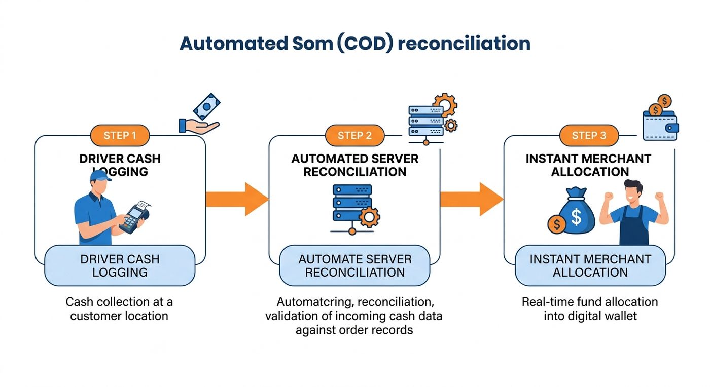 Technical diagram showing the automated Cash on Delivery COD reconciliation lifecycle from driver collection to merchant wallet update.